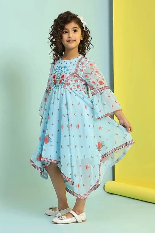 Girls Blue Casual Regular Fit Printed Dress