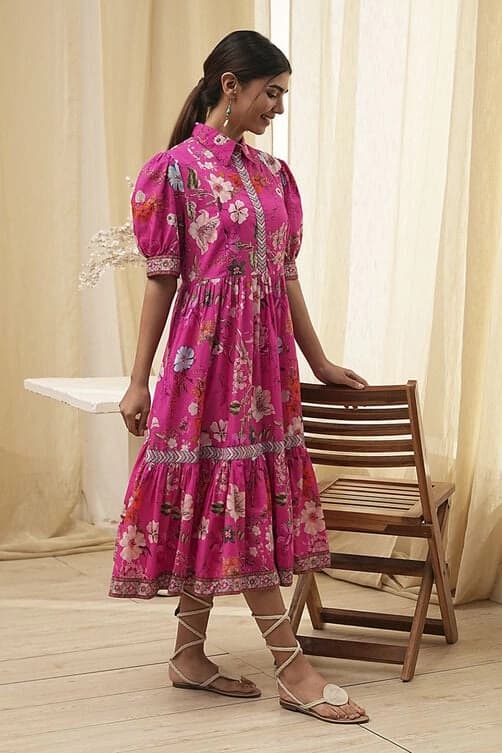 Women's Pink Festive Printed Regular Fit Dress