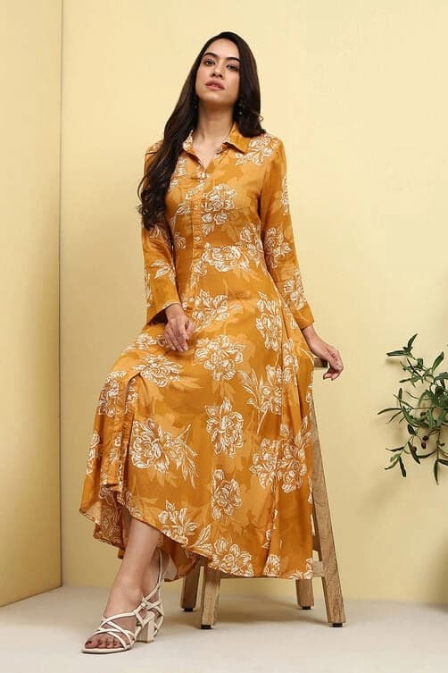 Women's Yellow Festive Printed Regular Fit Dress
