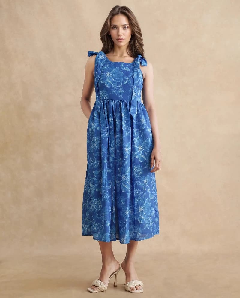 Women's Blue Casual Printed Regular Fit Dress