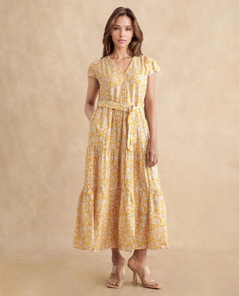 Women's Yellow Casual Printed Regular Fit Dress