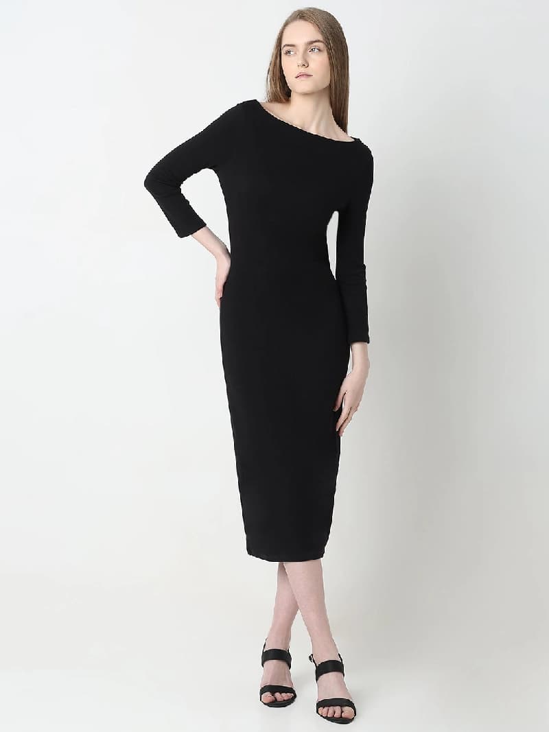 Women's Black Party Solid Skinny Fit Dress