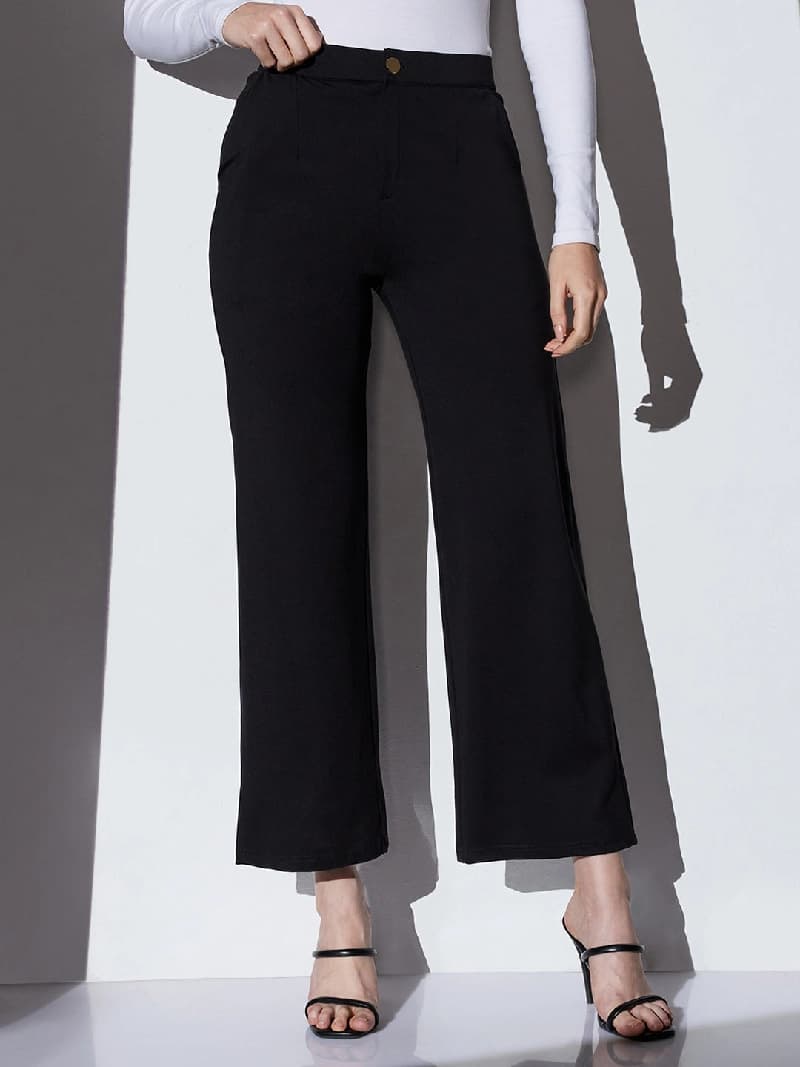 Women's Black Formal Solid Wide Leg Trouser