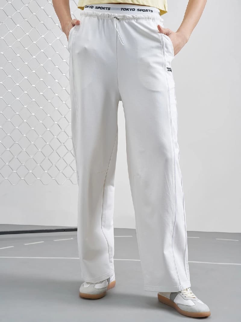 Women's White Casual Solid Straight Fit Trackpant