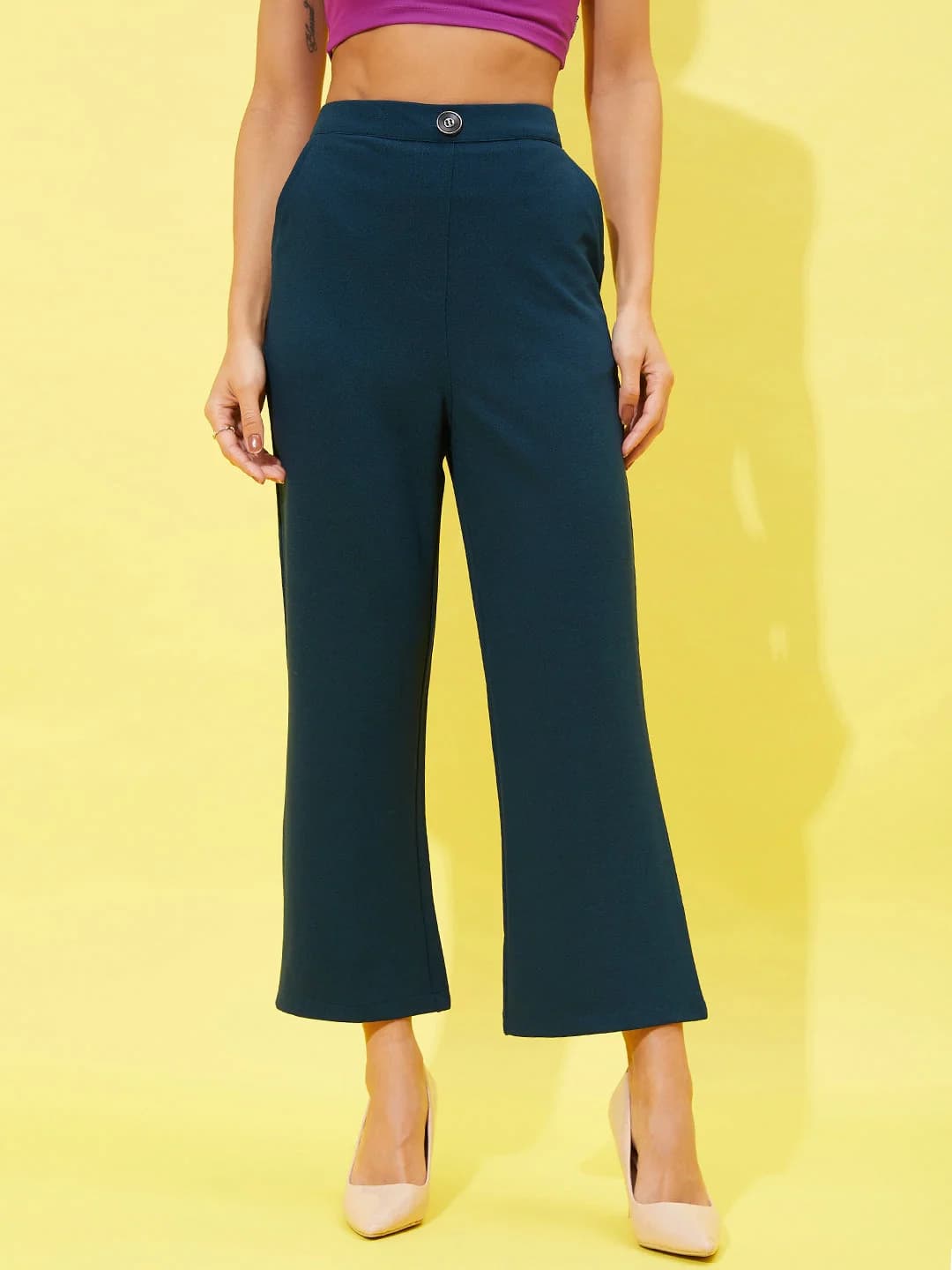 Women's Green Casual Solid Regular Fit Trouser