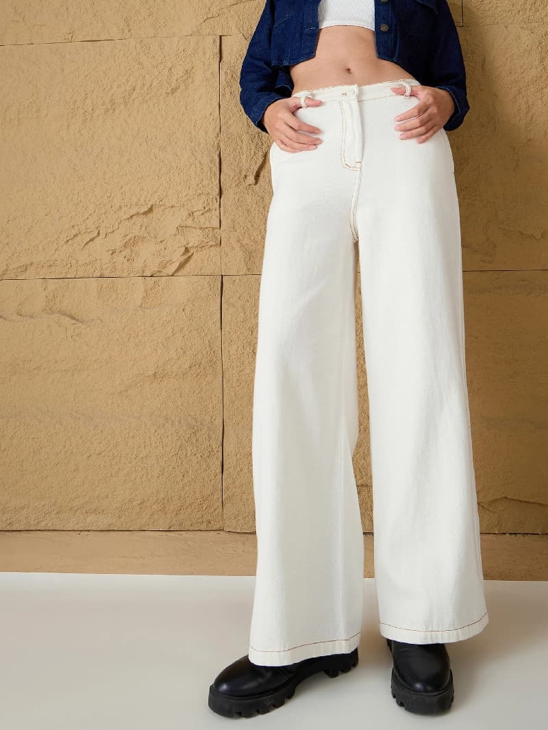 Women's White Casual Solid Wide Leg Jeans