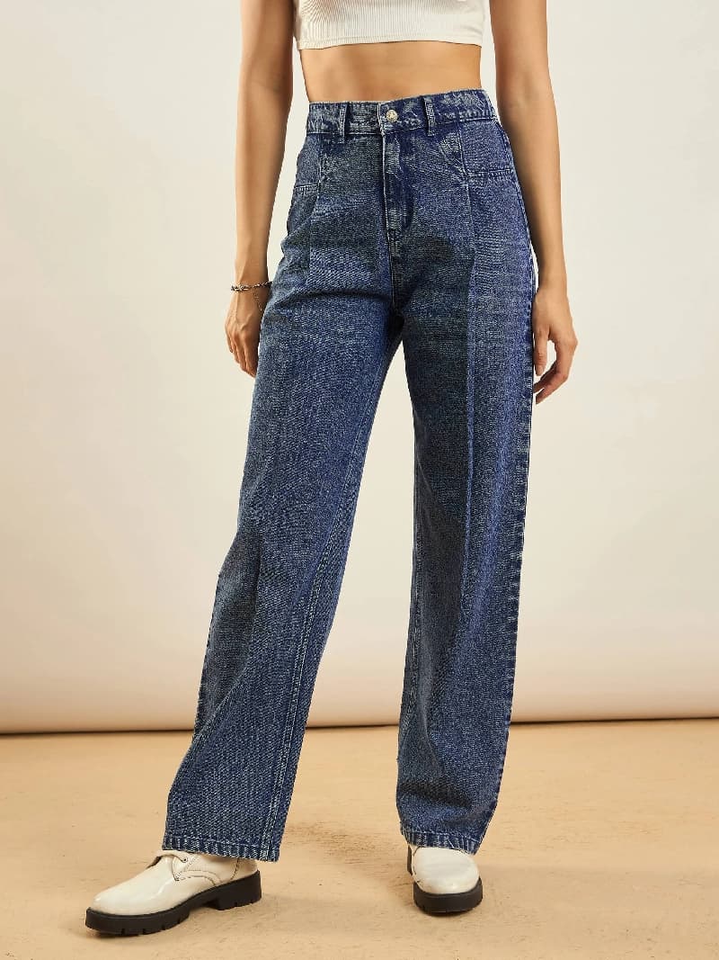 Women's Blue Casual Solid Straight Fit Jeans