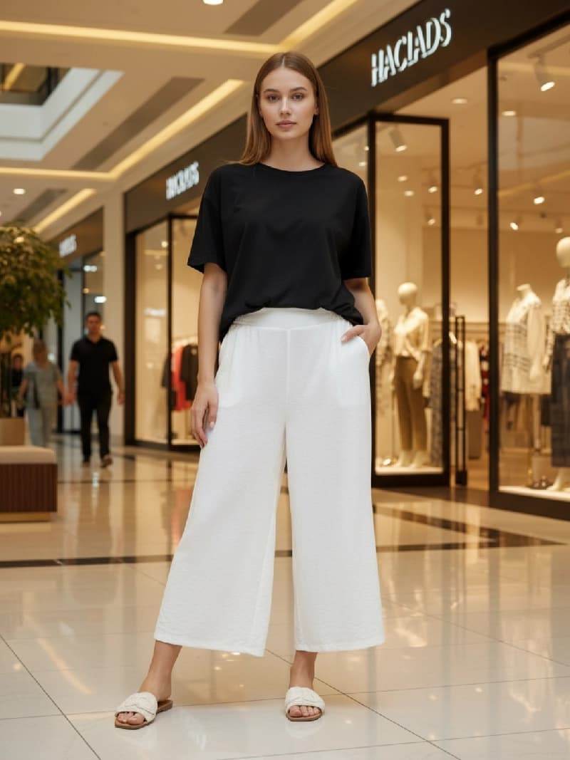 Women's White Casual Solid Wide Leg Trouser