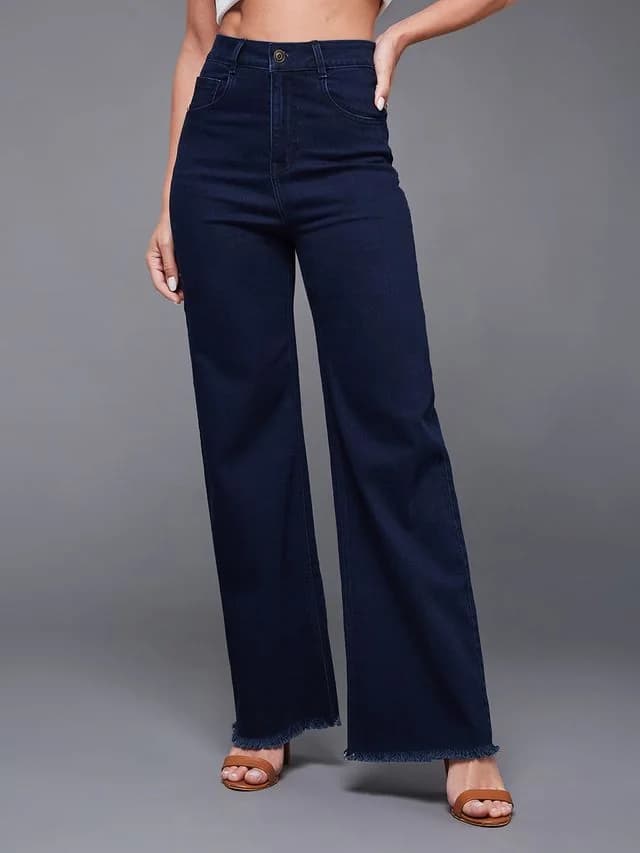 Women's Blue Casual Solid Wide Leg Jeans