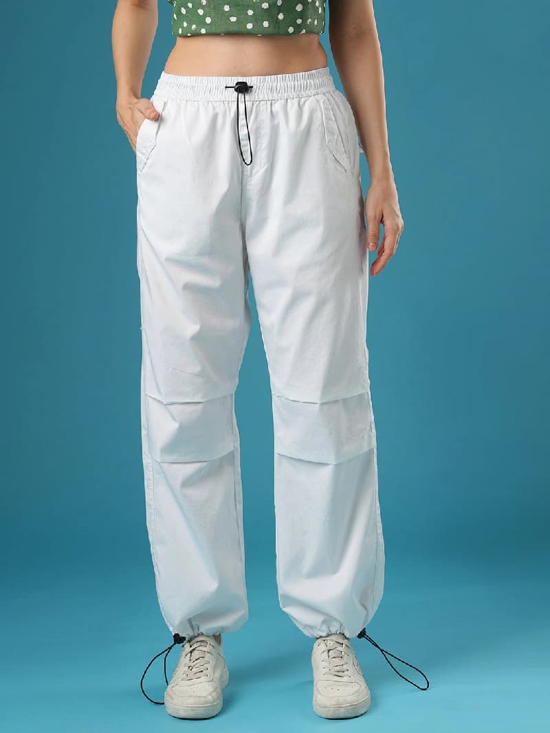 Women's White Casual Solid Baggy Fit Cargo