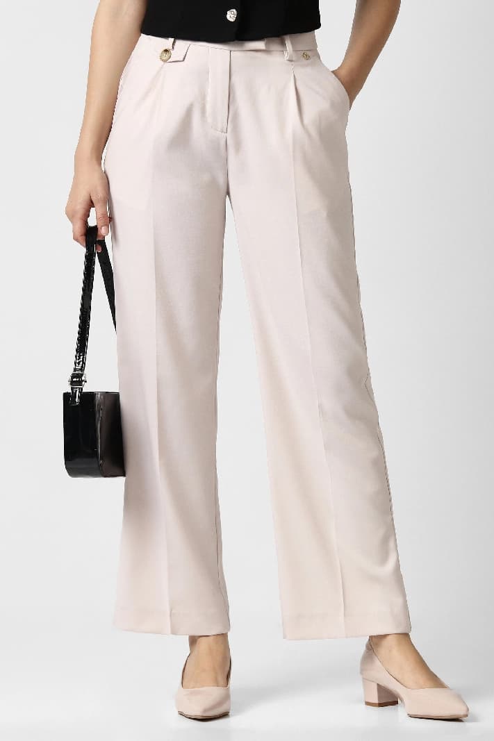 Women's Beige Casual Solid Straight Fit Trouser