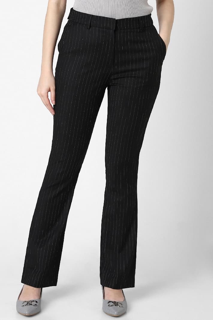 Women's Black Casual Striped Flared Fit Trouser