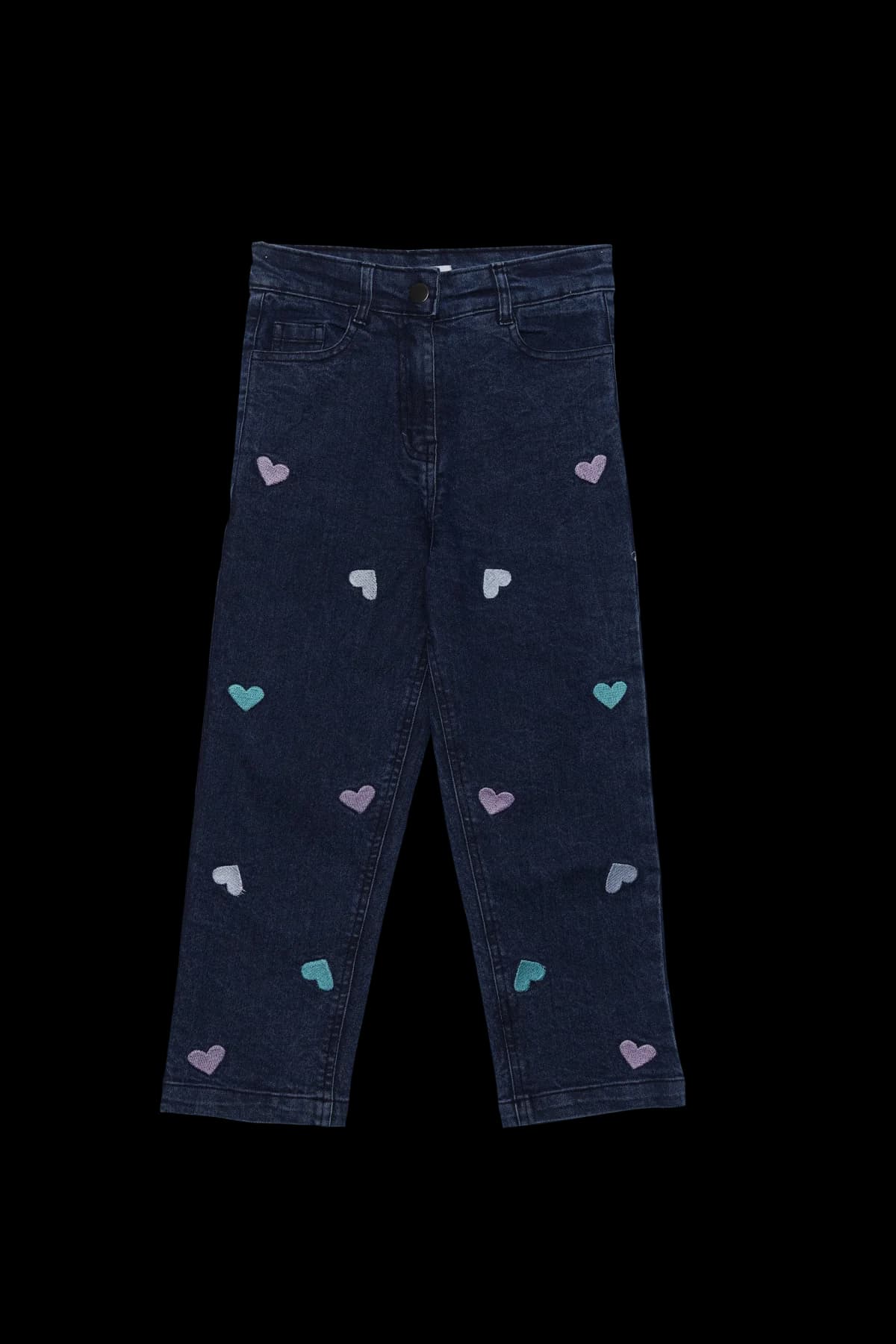 Girls Blue Straight Fit Heart Embroidery Jeans