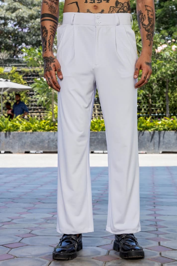 Unisex White Casual Solid Flared Fit Trouser