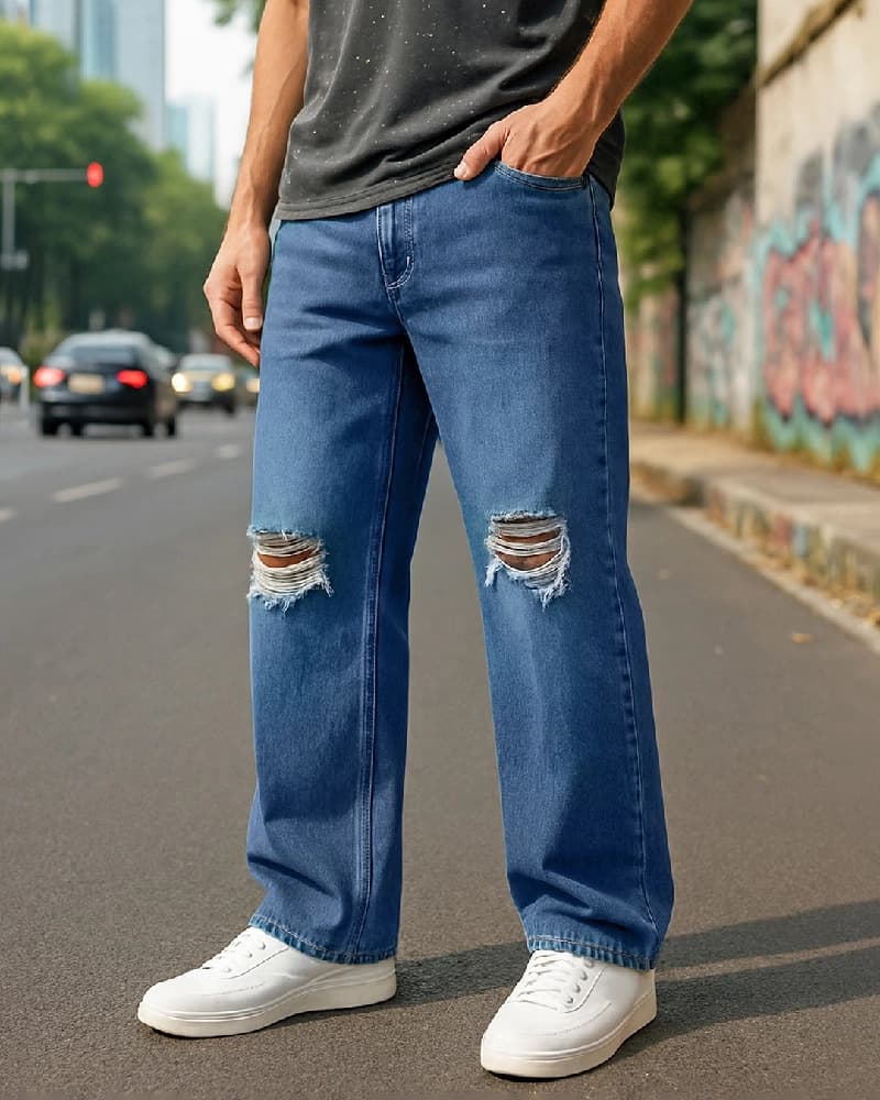 Men's Blue Casual Solid Baggy Fit Jeans