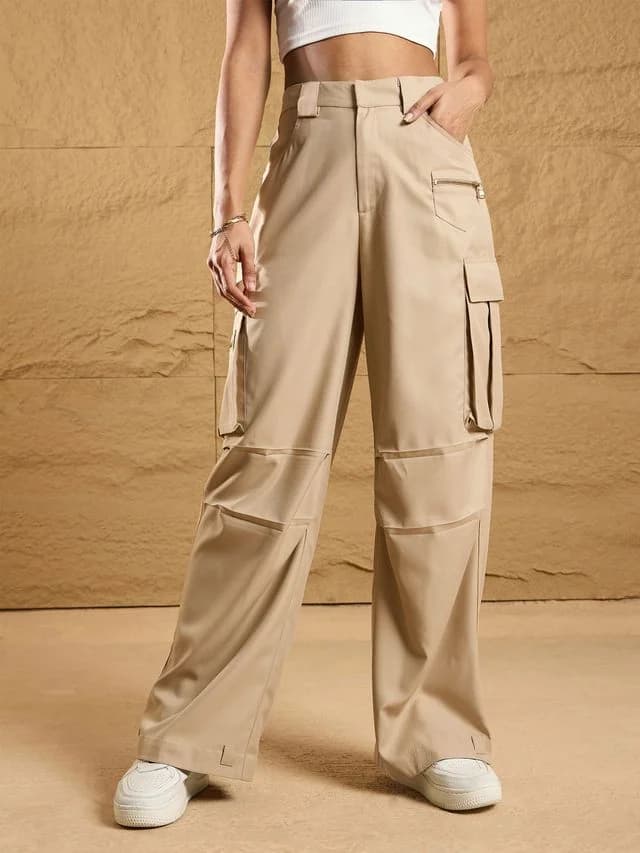 Women's Beige Casual Solid Straight Fit Cargo