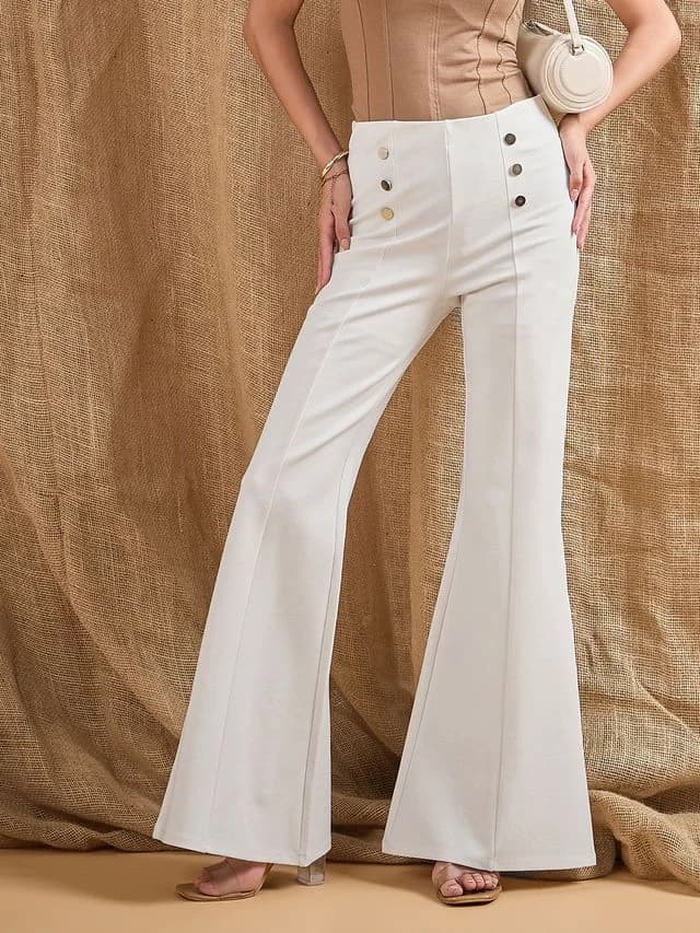 Women's White Casual Solid Fit & Flared Trouser