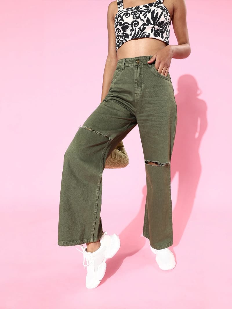 Women's Green Casual Wide Leg Jeans