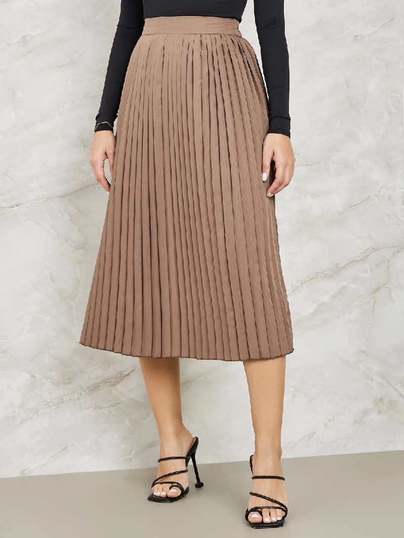 Women's Brown Casual Pleated A-Line Midi Skirt