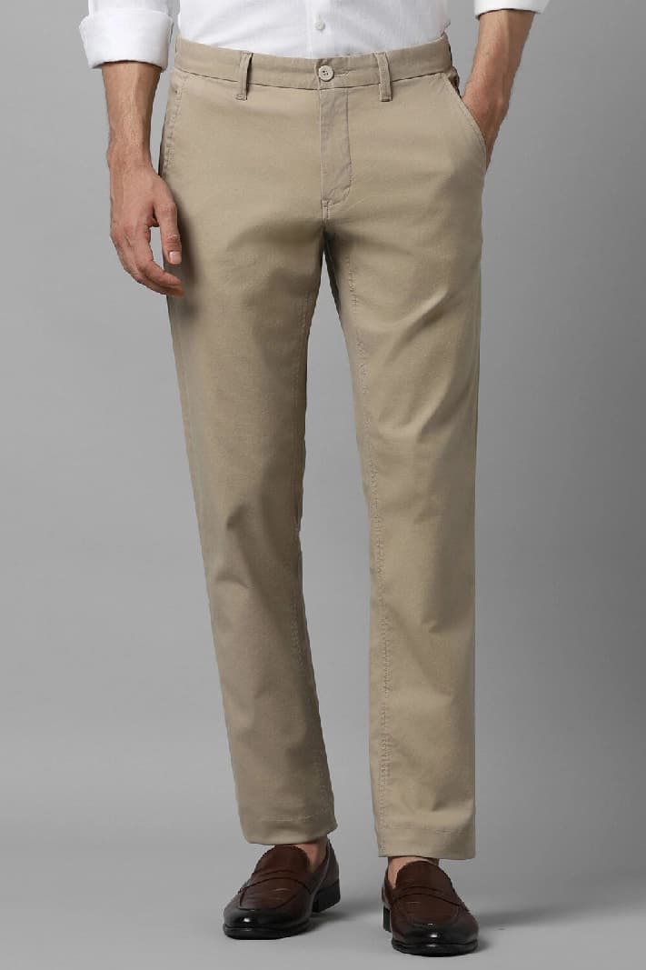 Men's Beige Casual Solid Slim Fit Trouser