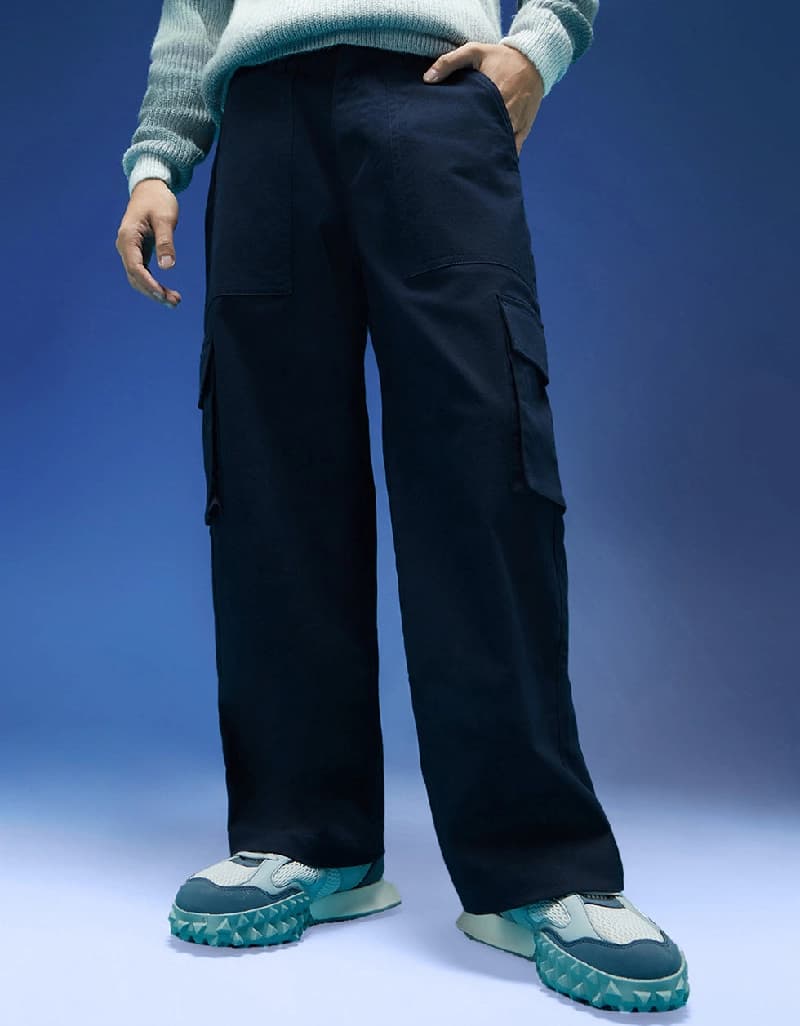 Men's Navy Casual Solid Baggy Fit Cargo