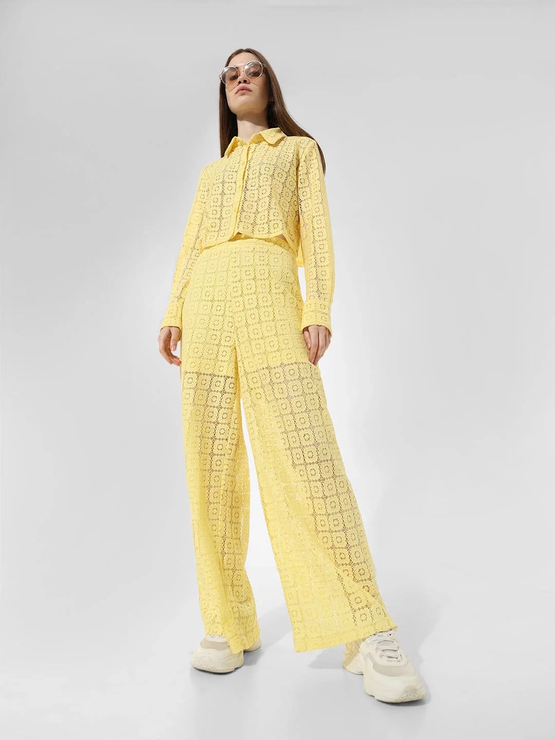 Women's Yellow Casual Solid Wide Leg Trouser