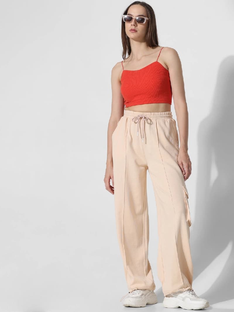 Women's Beige Casual Solid Cargos