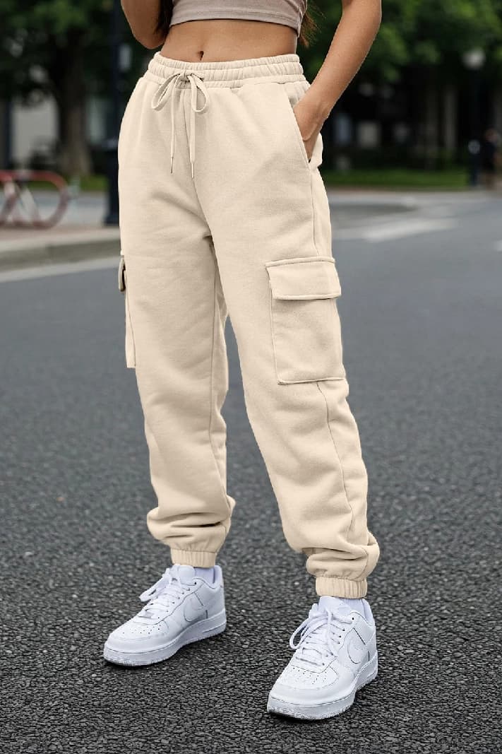 Women's Beige Casual Solid Wide Leg Jogger