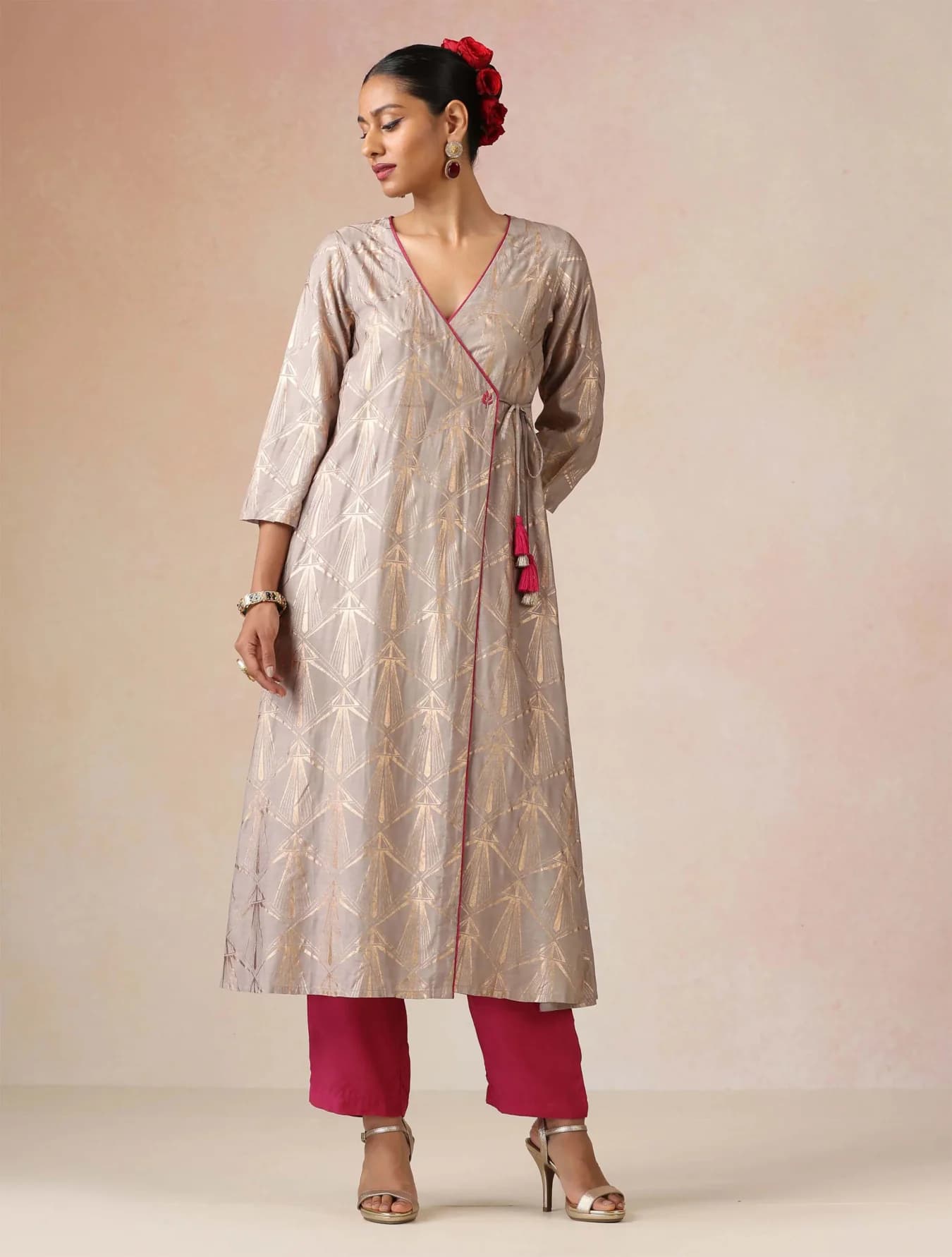 Women's Grey Festive Three Quarter Sleeves Kurta Set