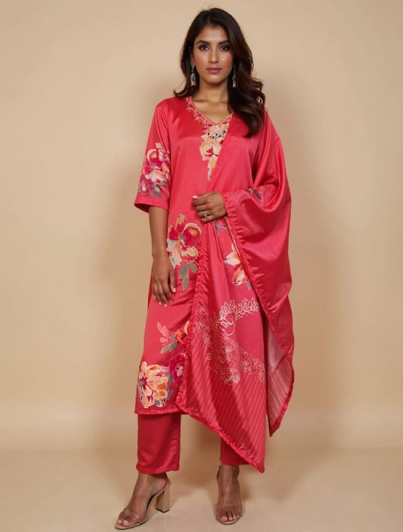 Women's Pink Festive Three Quarter Sleeves Kurta Set With Dupatta