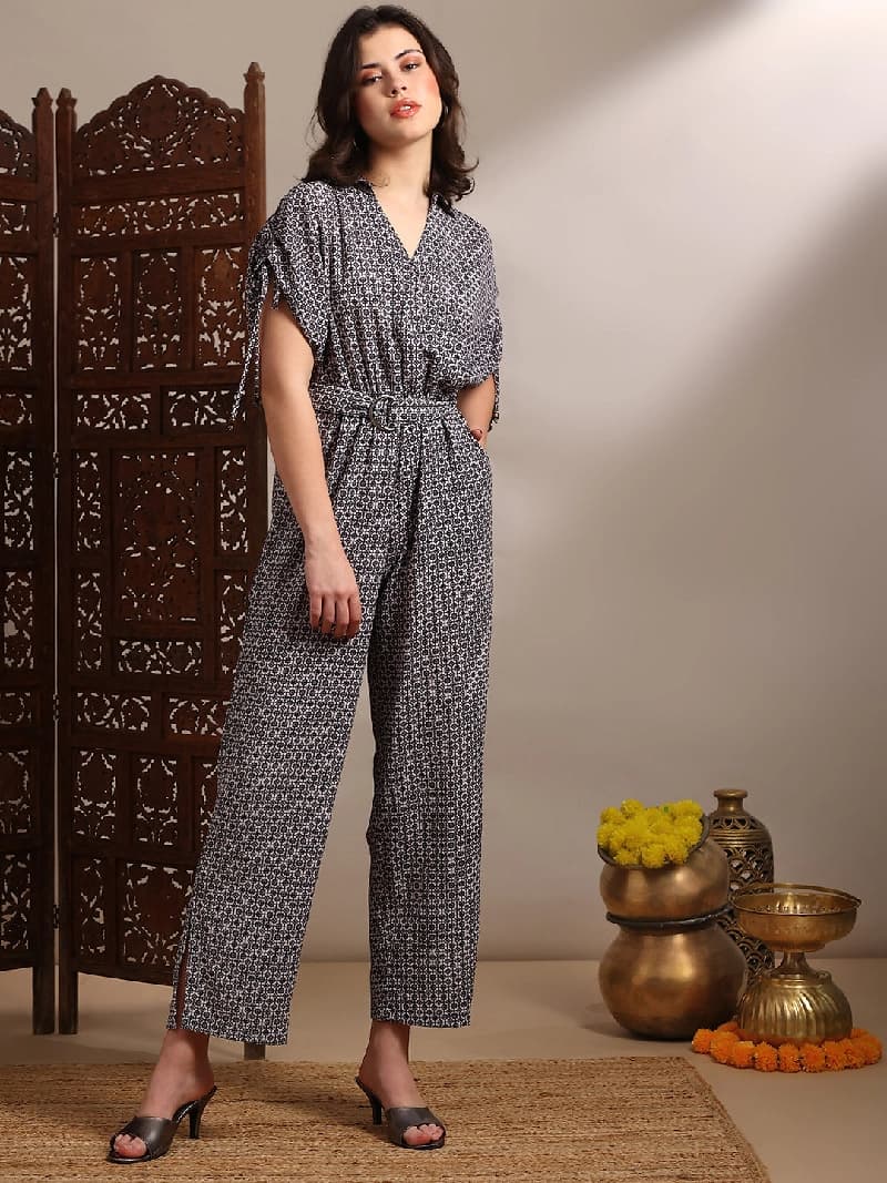 Women's Black Geometric Print Collared Neck Ruched Extended Sleeves Belted Long Line Jumpsuit