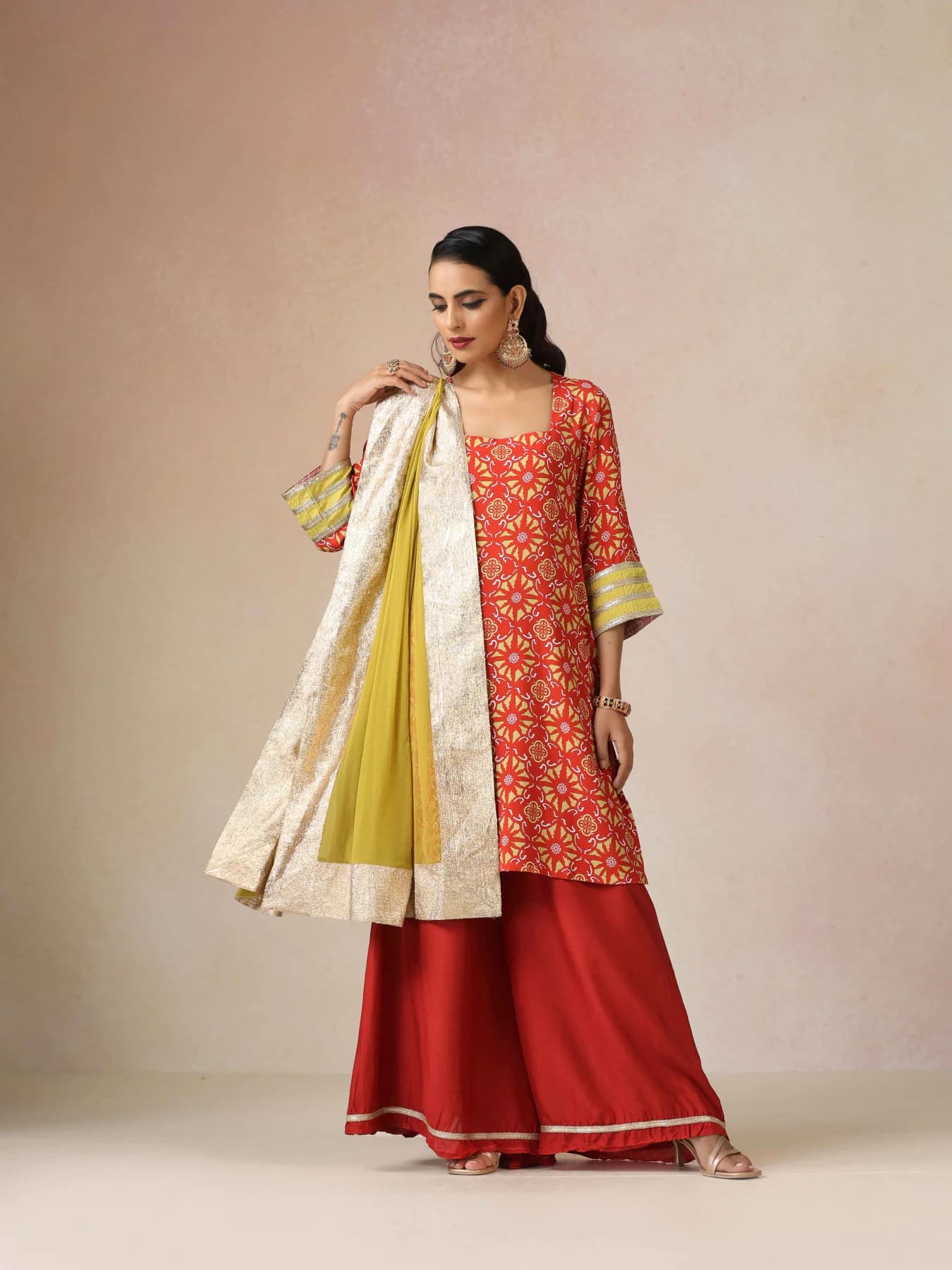 Women's Red Festive Three Quarter Sleeves Sharara Set