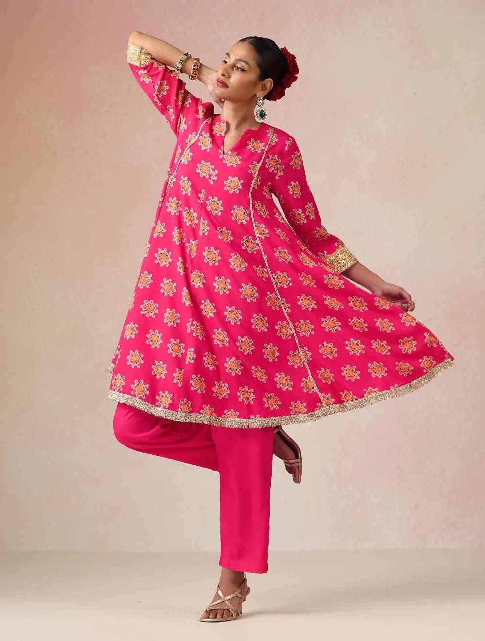Women's Pink Festive Three Quarter Sleeves Co-ord Set