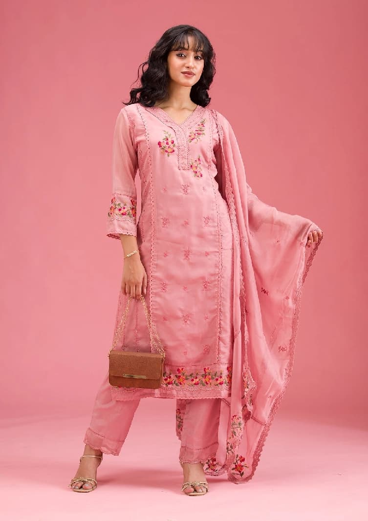 Women's Onion Pink Threadwork Crepe Readymade Salwar Suit with Dupatta