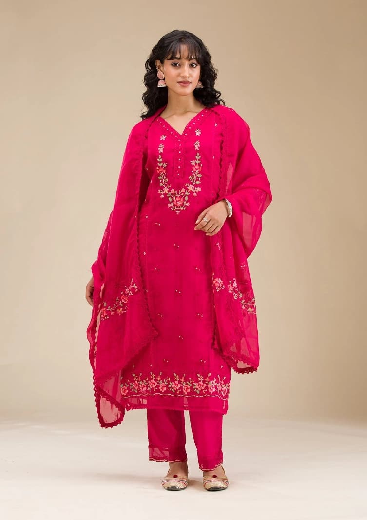 Women's Rani Pink Threadwork Crepe Readymade Salwar Suit with Dupatta
