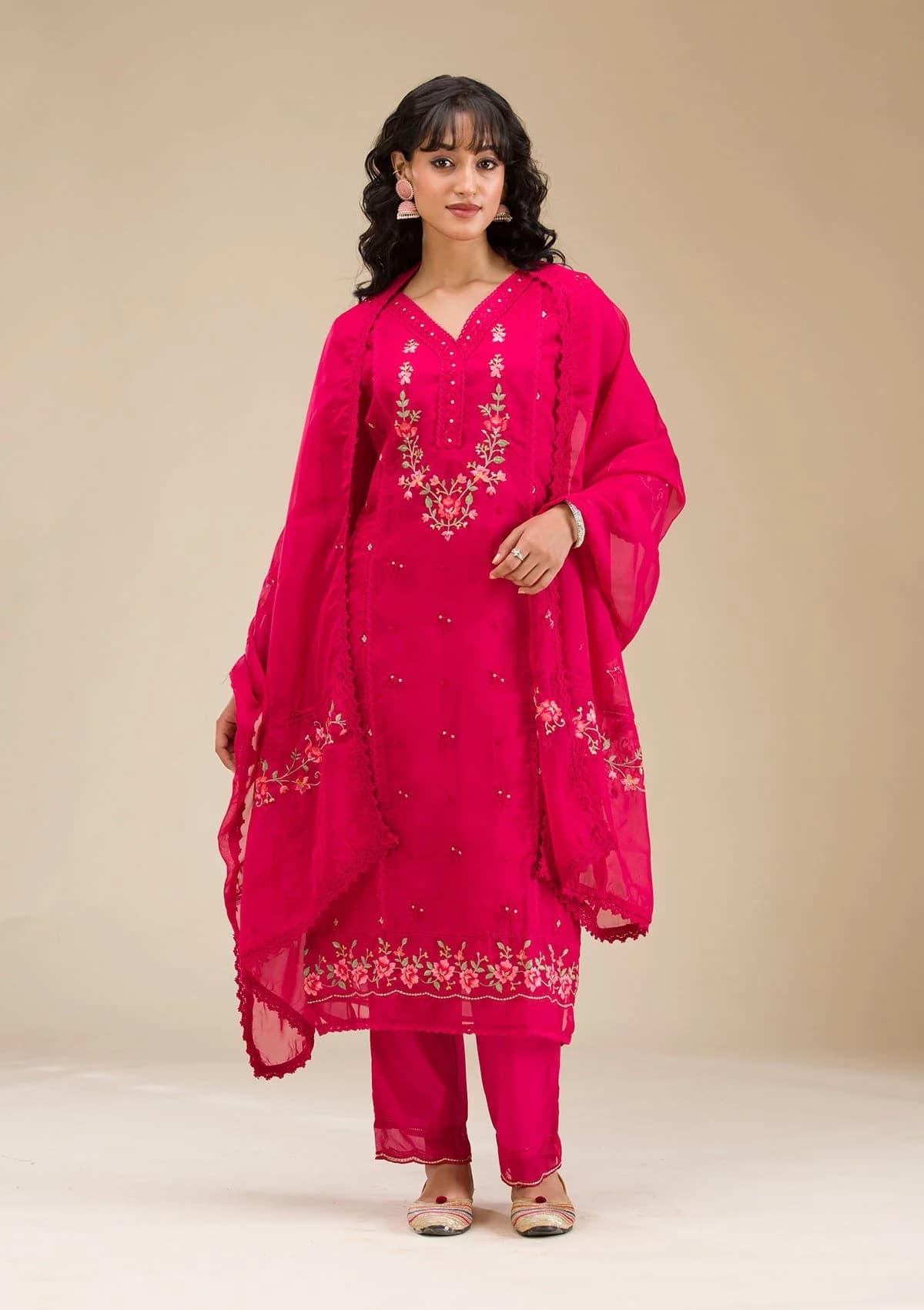 Women's Rani Pink Threadwork Crepe Readymade Salwar Suit with Dupatta