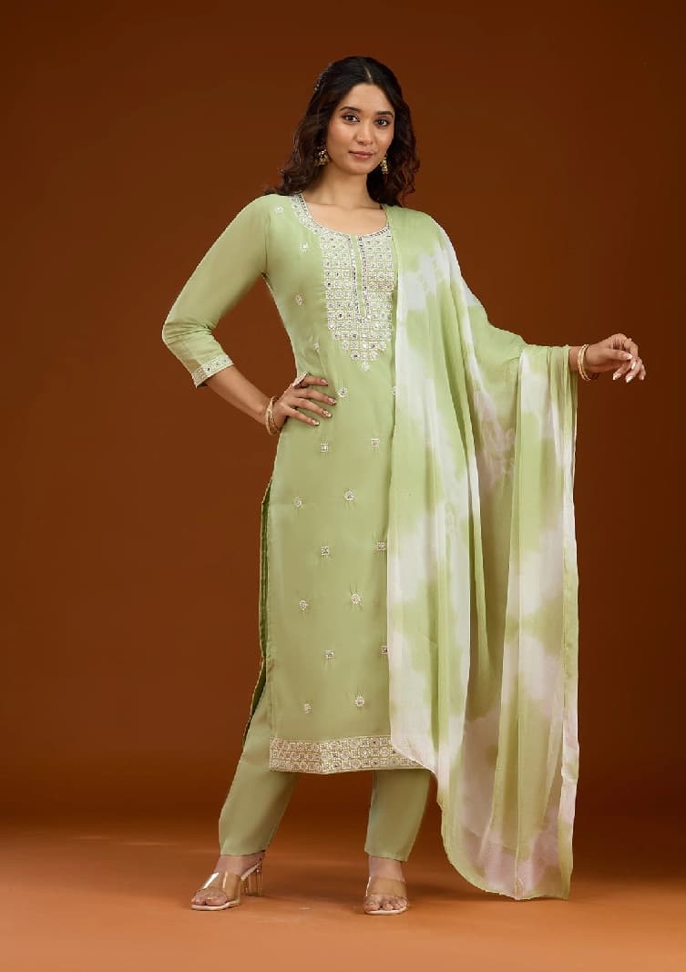 Women's Pista Green Threadwork Semi Crepe Readymade Salwar Suit with Dupatta