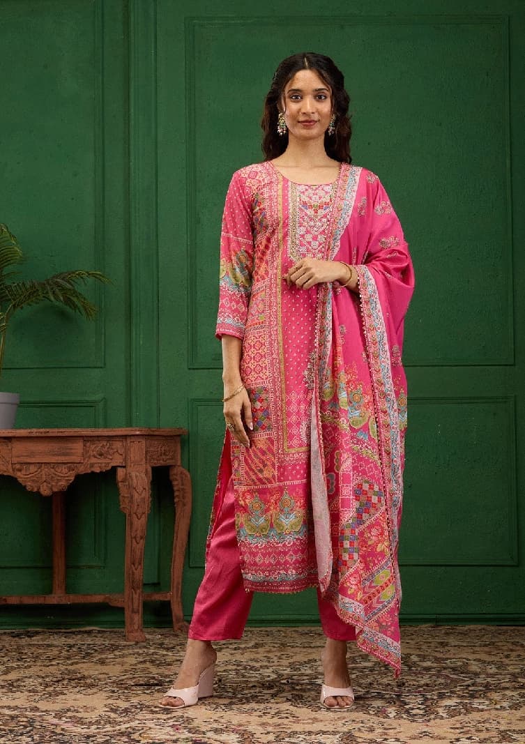 Women's Pink Stonework Semi Crepe Readymade Salwar Suit with Dupatta