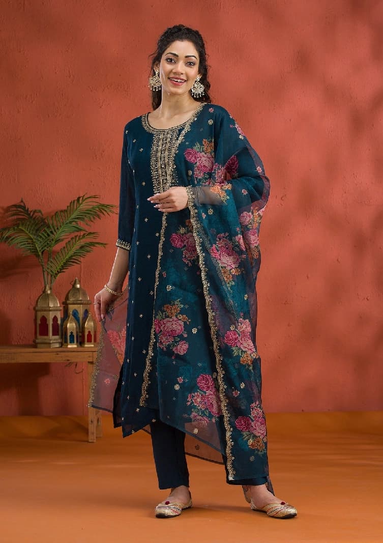 Women's Peacock Blue Threadwork Raw Silk Readymade Salwar Suit with Dupatta