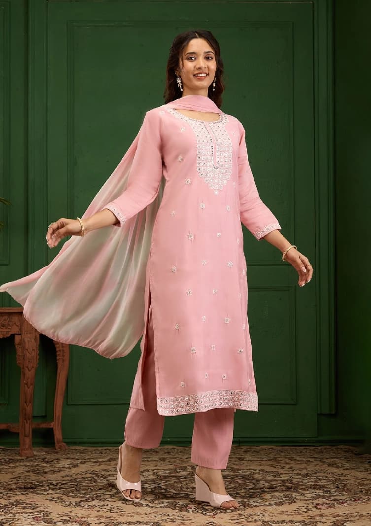 Women's Baby Pink Threadwork Semi Crepe Readymade Salwar Suit with Dupatta