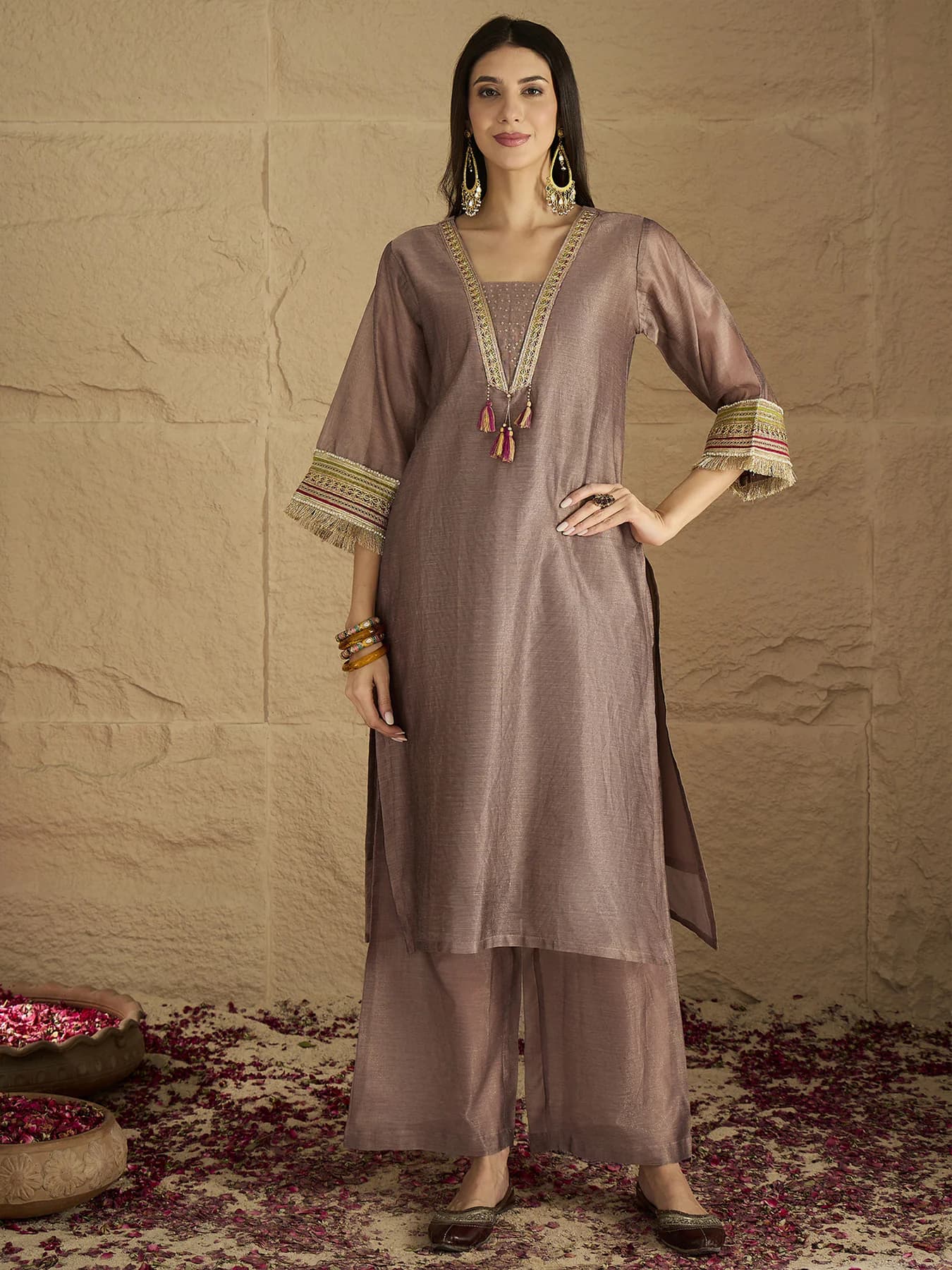 Women's Chic Brown Shimmer Kurta Set with Lace Detailing Paired with Solid Palazzo and Dupatta