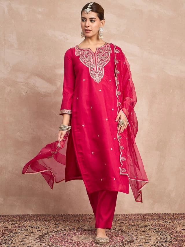 Women's Pink Kurta Set with Intricate Zari Embroidery Paired and Solid Trouser with Dupatta