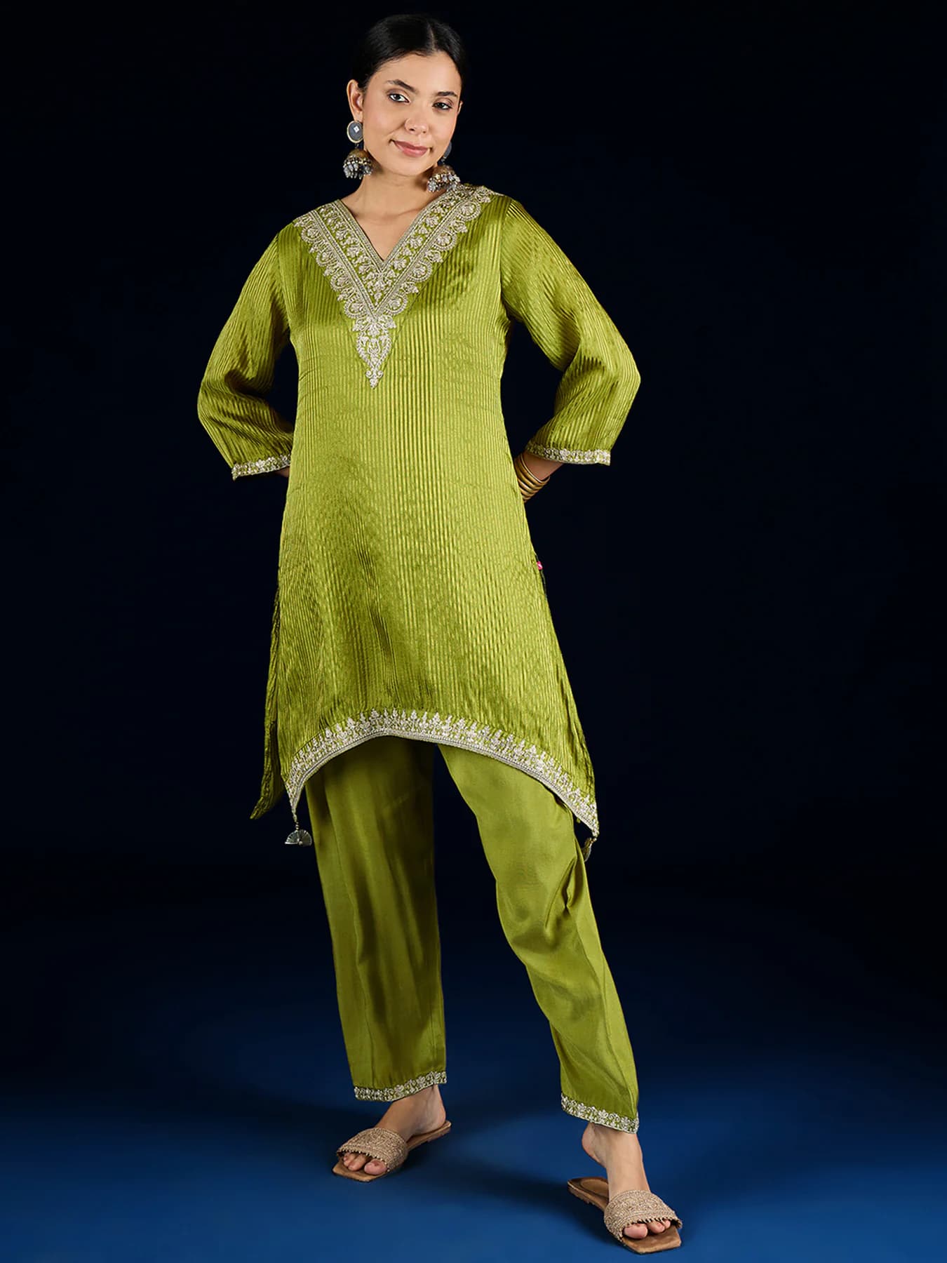 Women's Green C-Cut Kurta with Zari Embroidery and Ankle-Length Palazzo