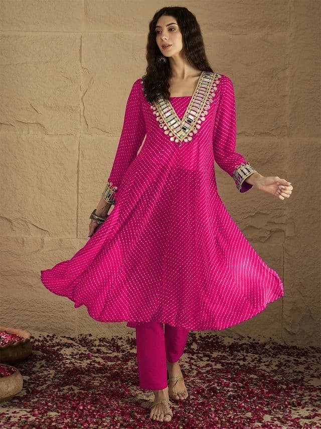 Women's Pink Graceful Kurta Set Featuring Gota Patti Paired with Solid Trouser