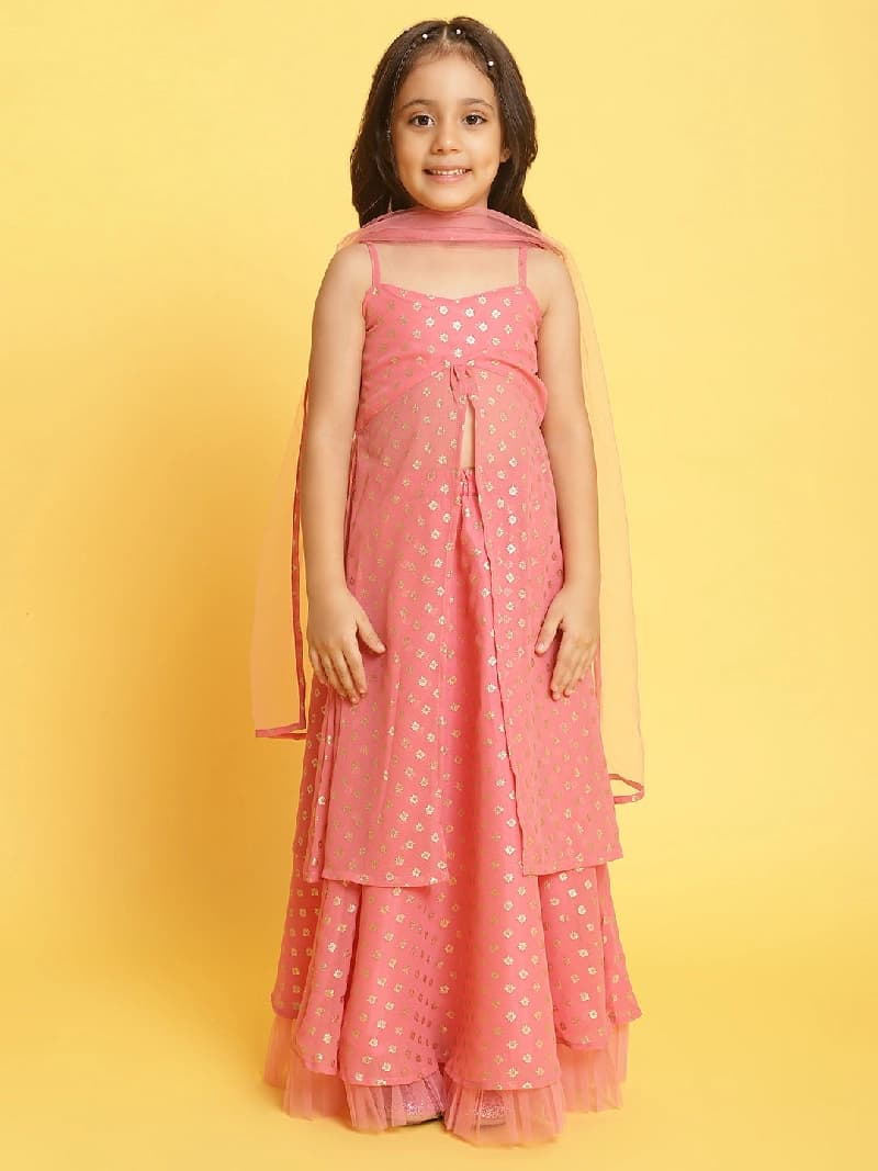 Girls Light-Pink Printed Sleeveless Polyester Lehenga Set
