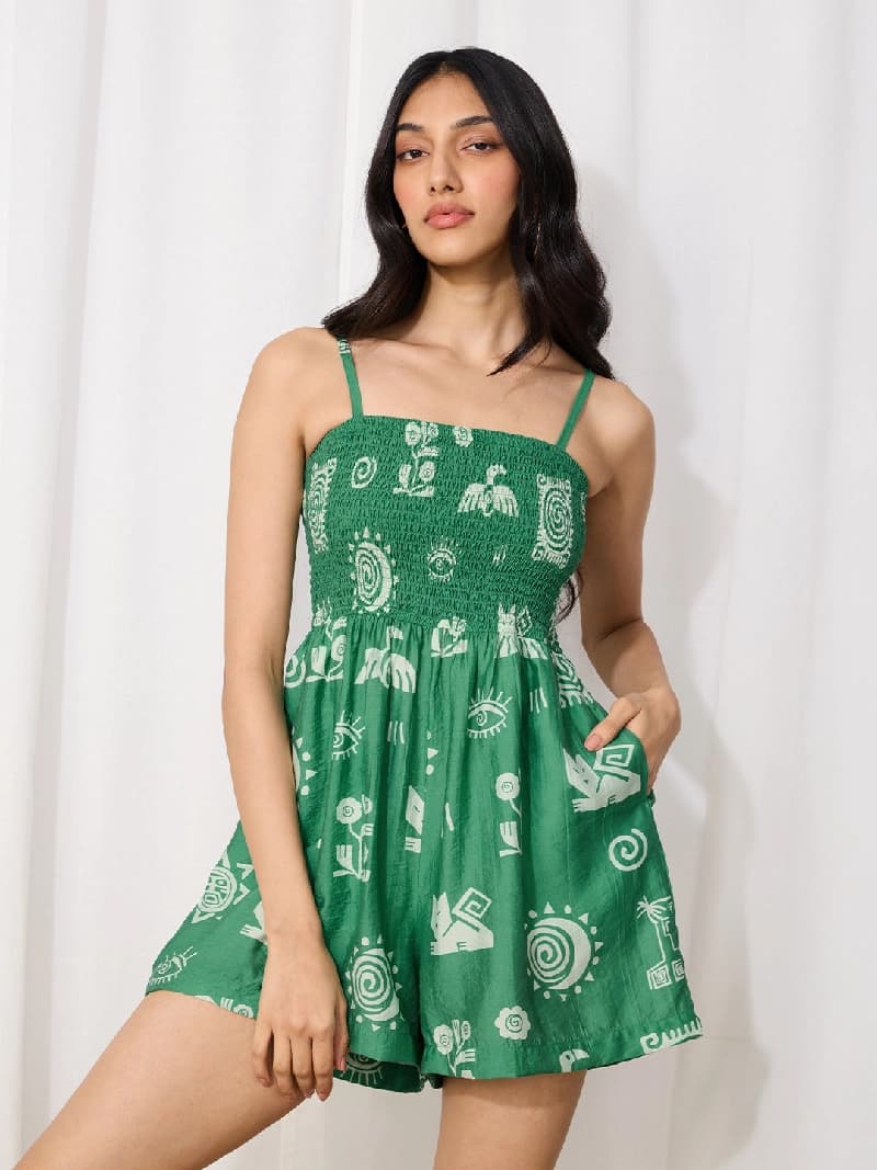 Women's Green Casual Graphic Romper
