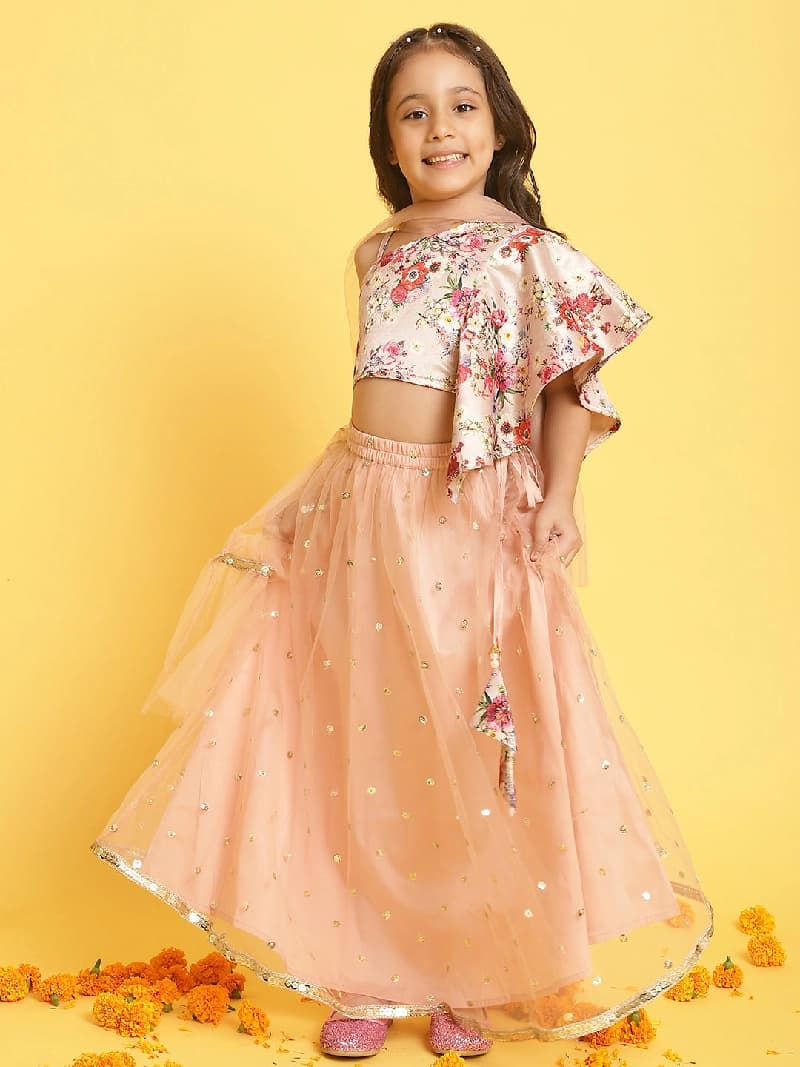 Girls Light-Pink Printed Sleeveless Polyester Lehenga Set