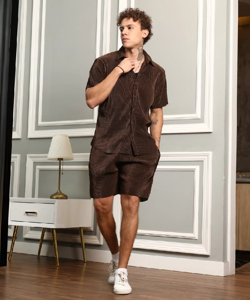 Men's Brown Casual Solid Co-ords Set