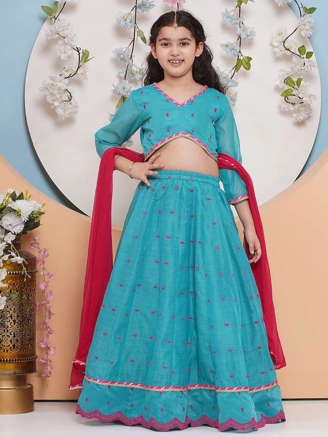 Girls Sea Green & Pink Embroidered Choli and Ready to Wear Lehenga with Dupatta
