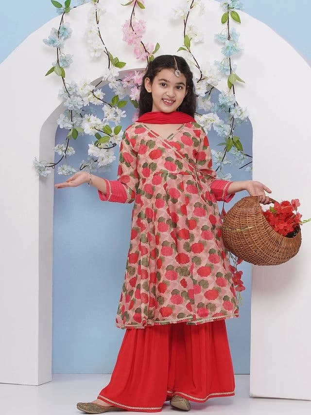 Girls Red Floral Printed Angrakha Kurta and Sharara With Dupatta